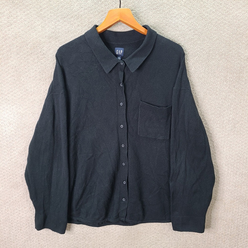 Gap Shirt Womens XL Black Cashsoft Big S Button Down Cotton Knit Sweatshirt